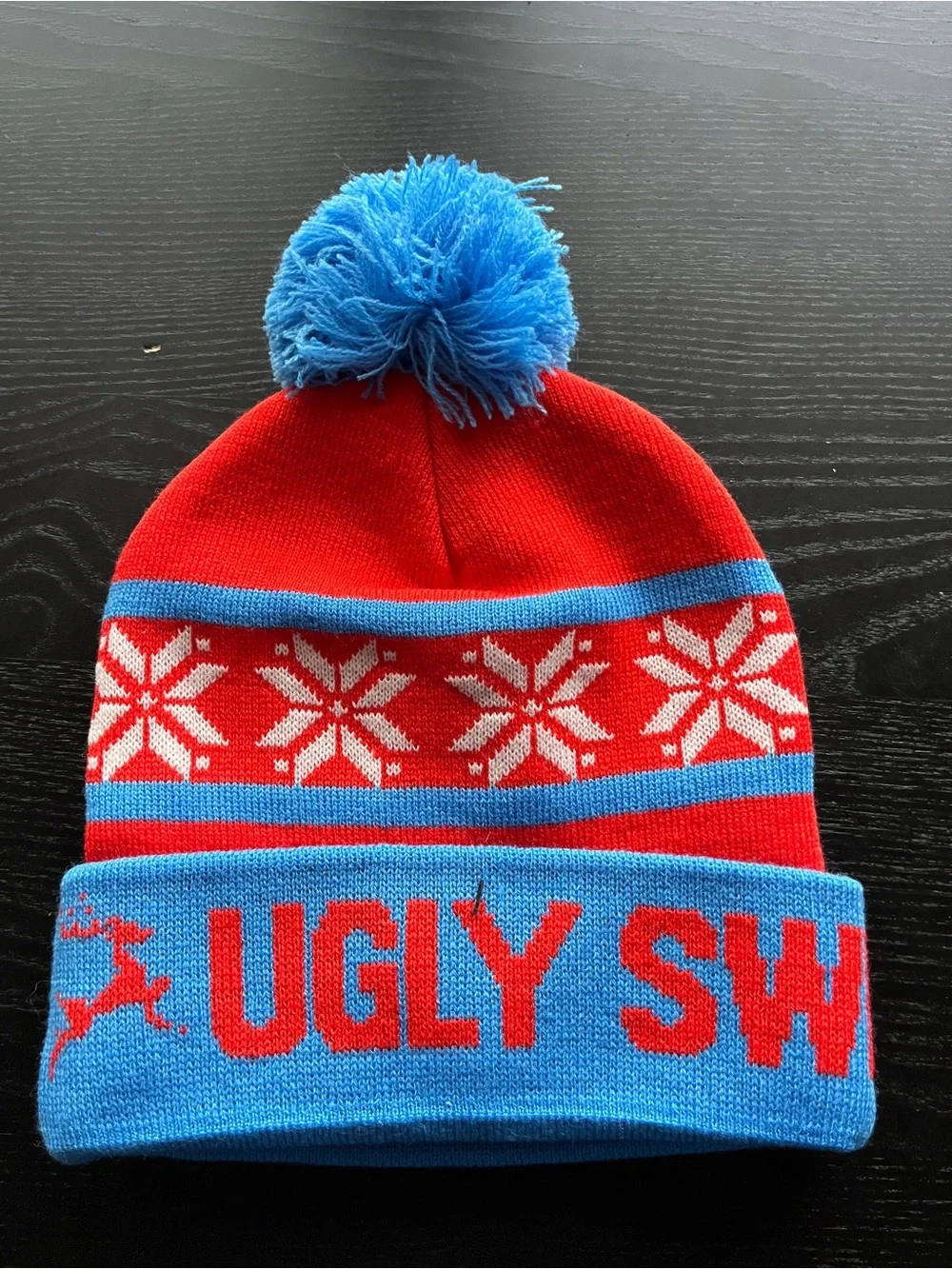 Ugly Sweater Run Red & Blue Knit Beanie Pom Hat One Size